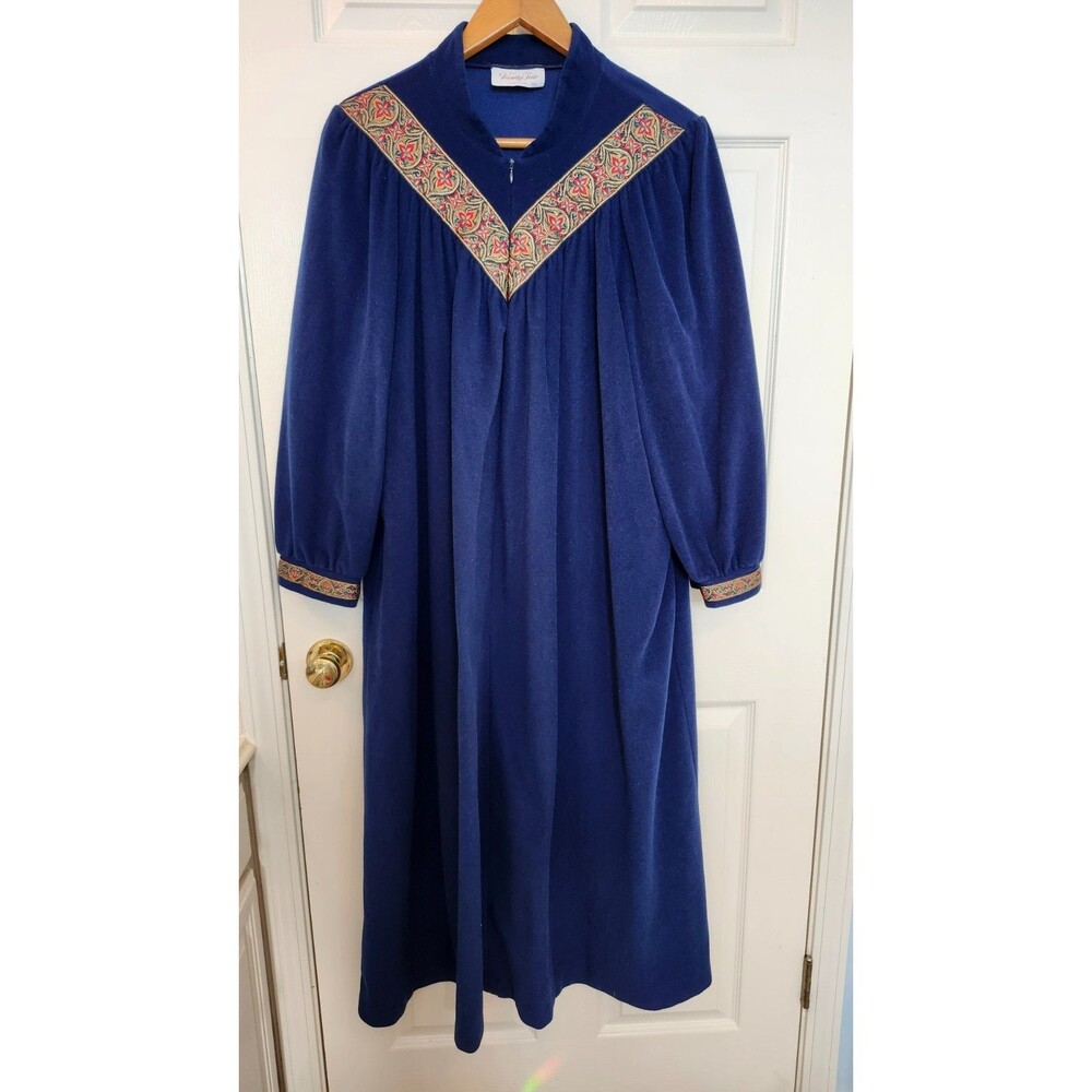 Vintage Vanity Fair Robe Womens XXL Blue Velour Zip Housecoat GrannyCore USA 80s